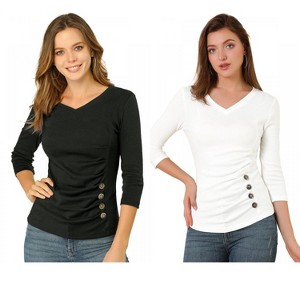 INSPIRE CHIC Women's V Neck 3/4 Sleeves Solid Knitted Buttons Decor Ruched Blouse 2 Packs - 1 of 4