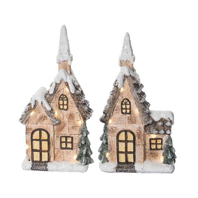 Transpac Resin Light Up Winter Church Figurine Set of 2 Christmas Home Decorations