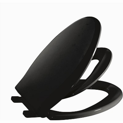 Elongated Toilet Seat with Toddler Seat Built In, 19" Potty Training Lid for Adults and Kids, Slow Close Magnetic Closure, Black Finish
