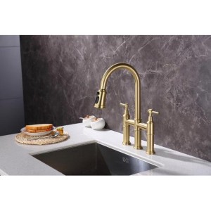 Spot-Resistant Gold-Plated Bridge Kitchen Faucet with Retractable Spray Nozzle - 1 of 4