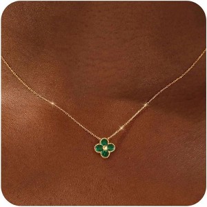 Non Tarnish 14K Gold Plated Four Leaf Clover Necklace Trendy CZ Emerald Pendant Necklace Jewelry - 1 of 4