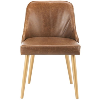 Lulu Transitional Parsons Side Chair in Brown Faux Leather with Gold Legs