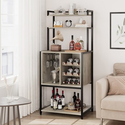 Whizmax Wine Bar Rack Cabinet, Freestanding Wine Cabinet with Glass Rack Wine Bottle Holders, Industrial Bakers Rack for Kitchen Living Dining Room