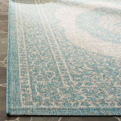 Light Grey and Aqua Floral Motif Outdoor Area Rug