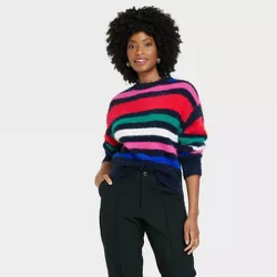 Women's Crewneck Fuzzy Pullover Sweater - A New Day™ Striped XXL