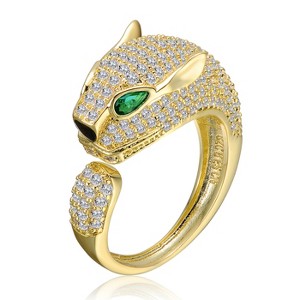 Guili Gold Panther Head Open Band Ring Adorned with Emerald Green and Clear Cubic Zirconia for a Bold, Luxurious, and Fashion-Forward Look - 1 of 3
