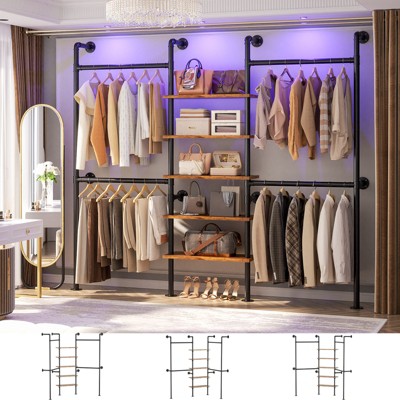 Aheaplus Heavy-duty Garment Rack with Wooden Tower Shelves, Pipe Closet Organizer with 4 Hanging Space