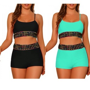 INSPIRE CHIC Women's Contrast Color High Waisted Scoop Neck Swimsuit Bathing Suit 2 Sets - 1 of 4