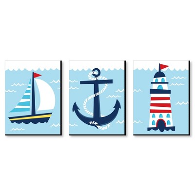 Big Dot of Happiness Lighthouse, Sailboat and Anchor - Boy Nursery Wall Art and Nautical Kids Room Decor  - 7.5 x 10 inches - Set of 3 Prints