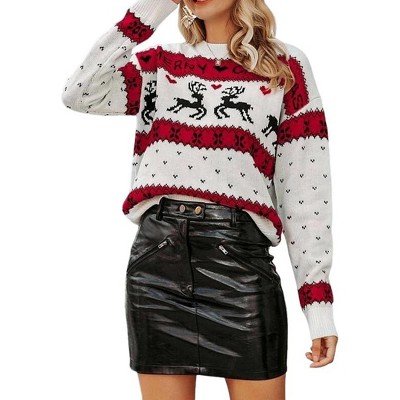 Womens Christmas Reindeer Jacquard Sweater Crew Neck Pullover Knitted Tops Casual Loose Fit