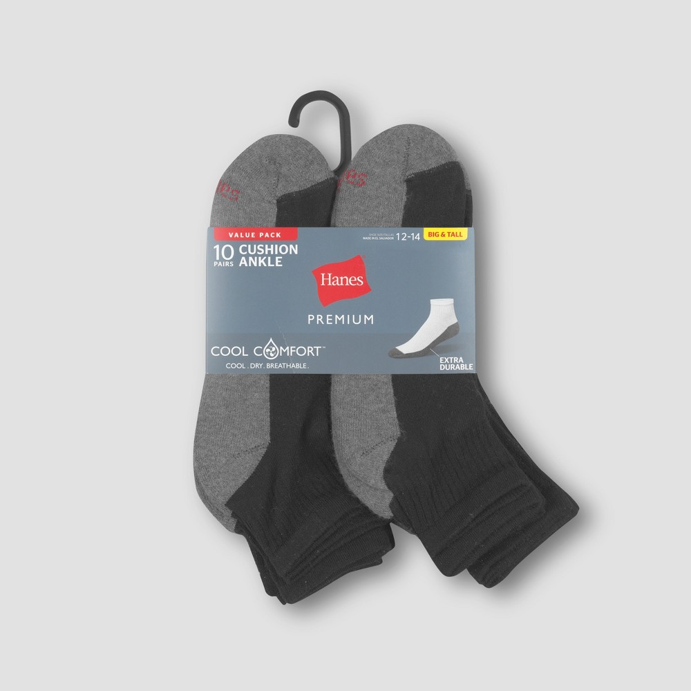 Men's Hanes Premium 10Pk Extended Size Black Ankle Socks, Size: 12-14 _3 CasePack Of 10 Pairs 