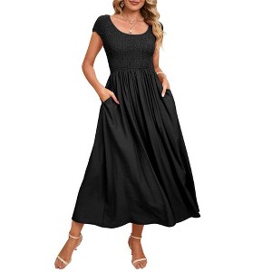 Maternity Dress Summer Casual Round Neck Short Sleeve Smocked High Waist Maxi Dress with Pockets - 1 of 4
