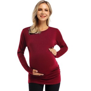 Coolmee Maternity Shirt Long Sleeve Basic Top Ruch Sides Bodycon Tshirt for Pregnant Women with Button - 1 of 4
