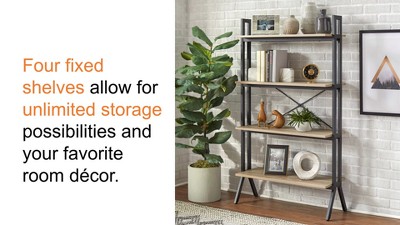 Walnut and Black 4-Tier Bookshelf with Metal Frame