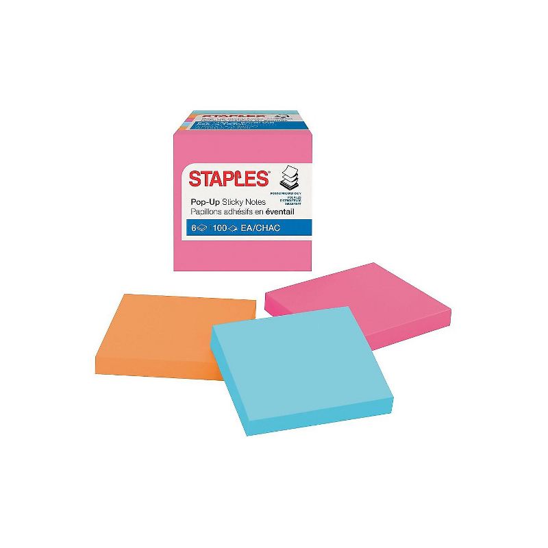 Staples Stickies Pop-up Std Notes 3" x 3" Asst Colors 100 Sh./Pad 6 Pads/PK 565448, 2 of 3