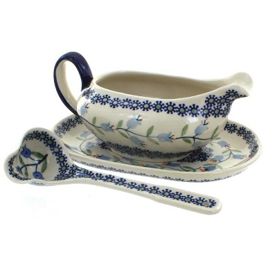 Blue Rose Polish Pottery S119 Manufaktura Gravy Boat Plate & Ladle