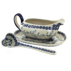 Blue Rose Polish Pottery S119 Manufaktura Gravy Boat Plate & Ladle - 1 of 2