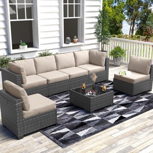 Patio Funiture Set 7 Pieces Outdoor Rattan with Detachable Soft Cushions Patio Conversation Sets Waterproof Patio Sectional Sofa with Glass Top Table - 1 of 4