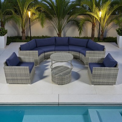 9-Piece Outdoor Patio Wicker Half-Moon Sectional Sofa Set with Nesting Coffee Table and 2 Armchair