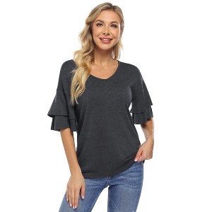 BLUEMING Womens Flutter Elbow Sleeve Shirts V Neck Tee Blouse Pagoda Sleeve T-Shirts Summer Tee Blouse Flowy Tops - 1 of 4