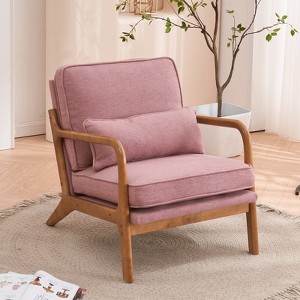 KTMBDW Accent Chair Wide Armrest Mid-Century Lounge Chair Linen Fabric Armchair with Lumbar Pillow & Oak Wood Frame for Living Room, Bedroom, Balcony - 1 of 4