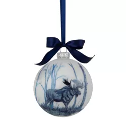 Northlight 4" White and Blue Moose Glass Christmas Ball Ornament