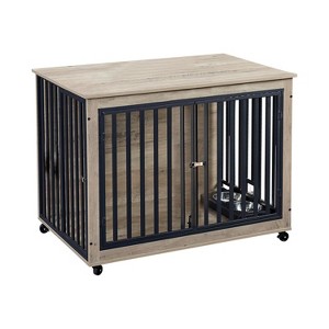 43.7" Dog Crate Furniture, Flip-Top Dog Kennel, Removable Bowls, Chew-Proof Design, Multi-Functional End Table, Gray - 1 of 4