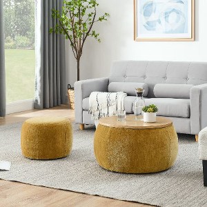 CAVINAS Round Storage Ottoman Bench, Pleated Fabric Ottoman with Storage, 2 in 1 Function, Work as End Table and Ottoman, with Small Seat - 1 of 4