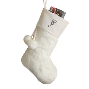 Personalization Mall Embroidered Initial Faux Fur Christmas Stocking, Ivory - 1 of 1