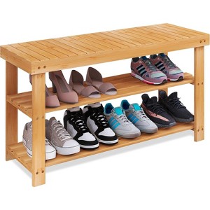 Create an Organized Entryway: 3-Tier Bamboo Shoe Bench with Built-in Seat - Space-Saving Storage Shelf - 1 of 4