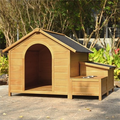 Bencmate Large Size Wooden Dog House, Cabin Style Raised Dog Shelter with Asphalt Roof, Brown (37"*51.18"*43.7")