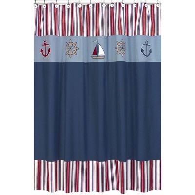red and blue shower curtain