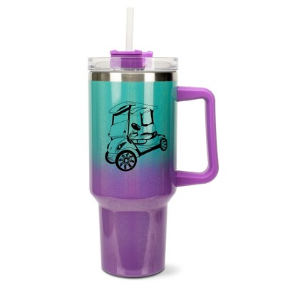 Elanze Designs 40 Ounce Ombre Travel Tumbler With Straw and Lid Stainless Steel Double Wall Insulated Rolling Golf Cart Teal and Purple Glitter