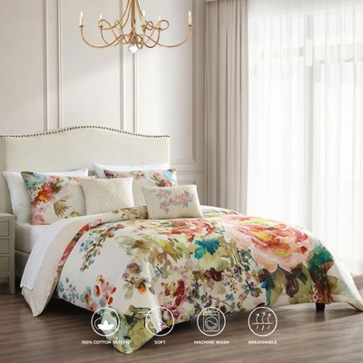Bebejan Antique Flowers Ivory 100% Cotton Sateen 5 Piece Floral Reversible Comforter Set, All Season Bedding Set - Queen — фото 2