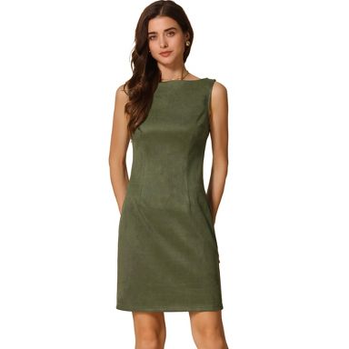 Faux Suede Boat Neck Sleeveless Sheath Midi Dress, Army Green / XS