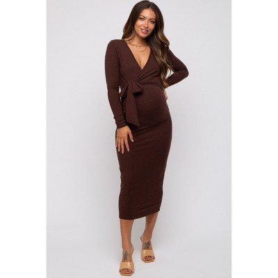 PinkBlush Brown Ribbed Long Sleeve Maternity Wrap Dress