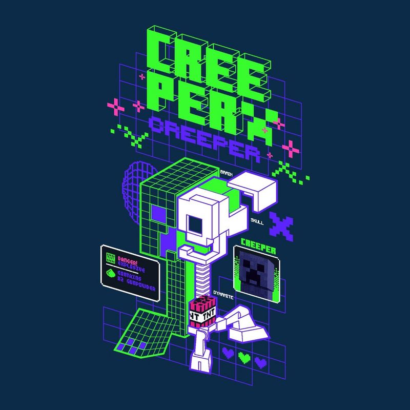 Minecraft Creeper Distortion Clash Trend Boy's Navy Blue T-shirt, 2 of 4