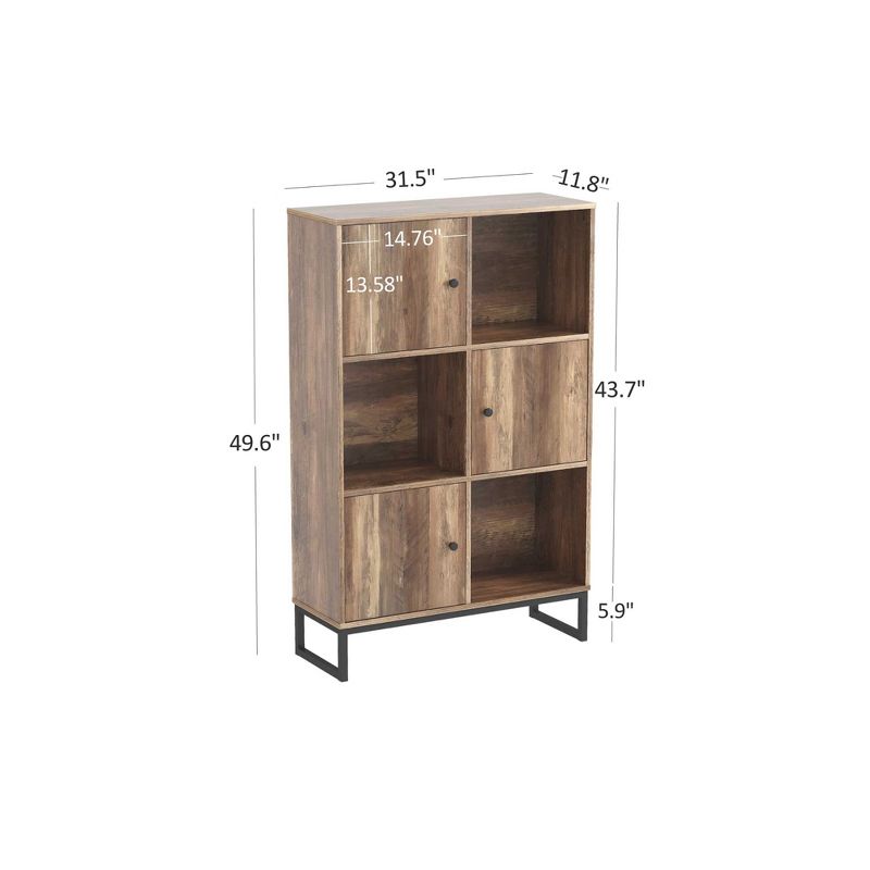 Year Color 3 Tier Free-Standing Modern Open Brown Wood Narrow Bookcase With Doors, Legs And 2X3 Cube Storage Organizer For Office or Library, 3 of 9