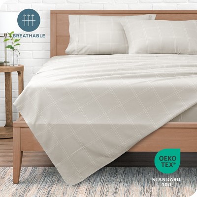 Twin XL Stone and White Plaid Microfiber Sheet Set