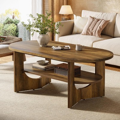 Tribesigns 47.2" Oval Coffee Table, Farmhouse Coffee Table with 2-Tier Open Storage Shelf for Living Room, Easy Assembly