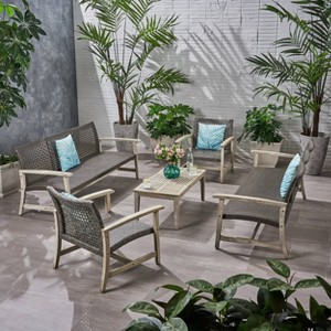 Hampton 5pc Wood & Wicker Sofa Chat Set - Light Gray/Black - Christopher Knight Home - 1 of 4