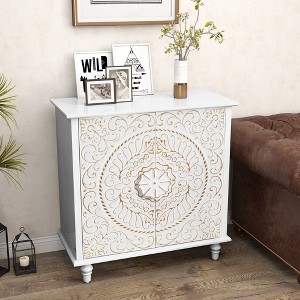 ChicFurnit Decorative Storage Cabinet Floral Carved Sideboard with 2 Doors for Living Room, White, 36.60"*17.70"*9.40" - 1 of 4