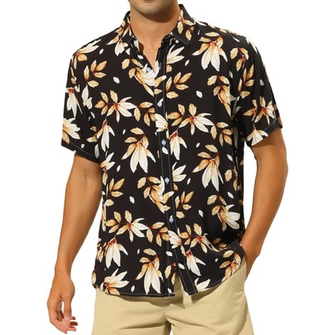 Lars Amadeus Men's Button Down Hawaiian Leaf Print Short Sleeve Summer  Pattern Shirt Black 3X-Large