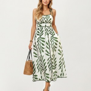 Anna-Kaci Women's Sleeveless Midi Dress with Leaf Print Tie Shoulder Straps  Smocked Back Flowy A-Line Silhouette - X Large, Green : Target