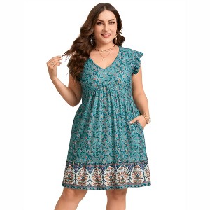 Plus Size Women's Flutter Sleeve High Waist Peplum Babydoll Knee Length Dress - 1 of 4