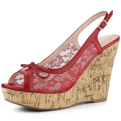 Perphy Women's Platform Heels Lace Bow Decor Slingback Wedge Sandals