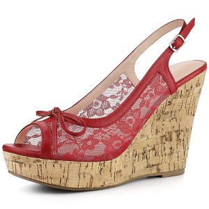 Perphy Women's Platform Heels Lace Bow Decor Slingback Wedge Sandals - 1 of 3
