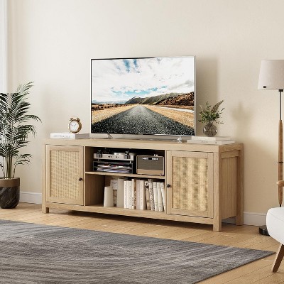 Rattan TV Stand with Adjustable Shelves, Entertainment Center for 65in TV, 2-Tier Storage Media Cabinet, Mid-Century Furniture for Living Room