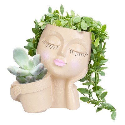 iMountek"Girl Face Planter Pot with Dual Openings, Drainage Hole for Succulents, Cactus, Resin Decor"Khaki White