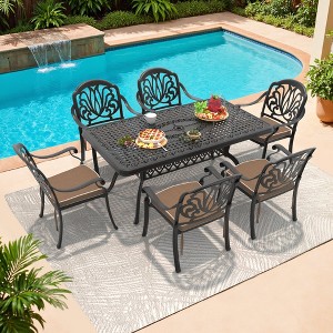 Hzzkey 7-Piece Rectangle Cast Aluminum Patio Set , Brown Cushions , Umbrella Hole , Black - 1 of 4
